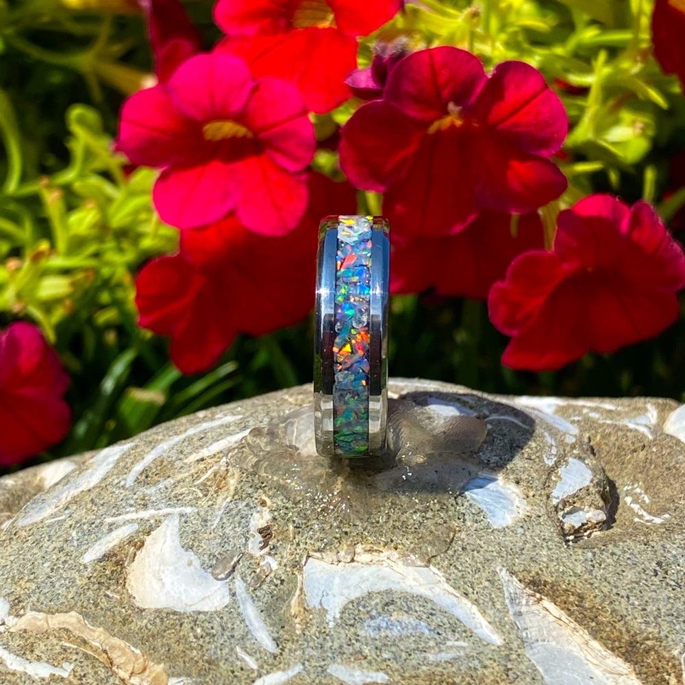 Ladies tungsten band with moonstone opal